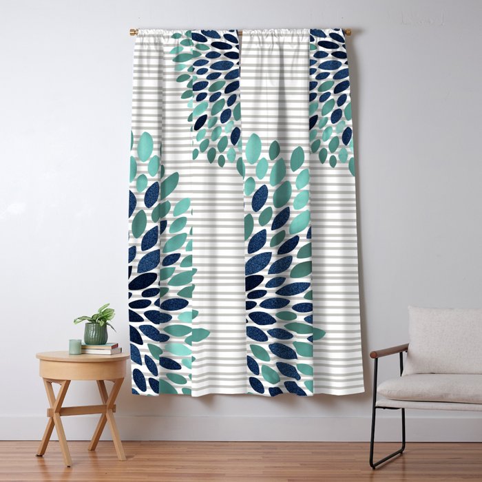 Floral Prints, Gray, Teal and Blue, Abstract Art Window Curtain Gallery Image 5