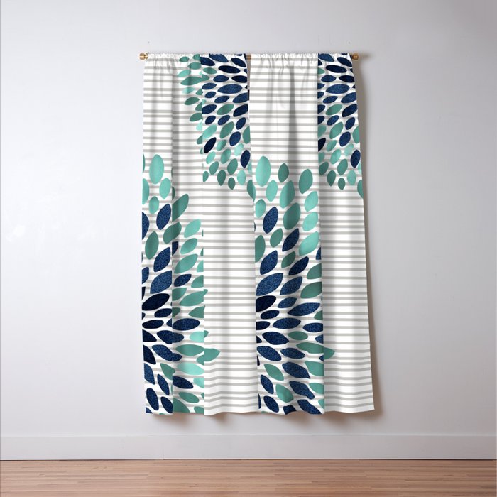 Floral Prints, Gray, Teal and Blue, Abstract Art Window Curtain Gallery Image 3