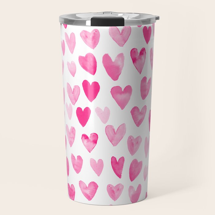 Hearts Pattern watercolor pink heart perfect essential valentines day gift idea for her Travel Mug Gallery Image 1