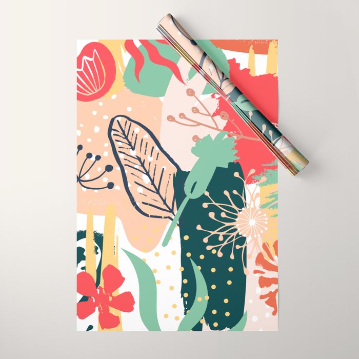 Summer Floral Prints, Abstract, Red and Green, Colourful Prints. Wrapping Paper Gallery Image 1