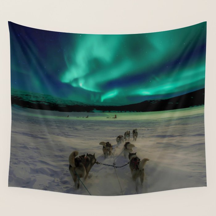 Winter Northern Lights Dog Sled (Color) Wall Tapestry Gallery Image 1