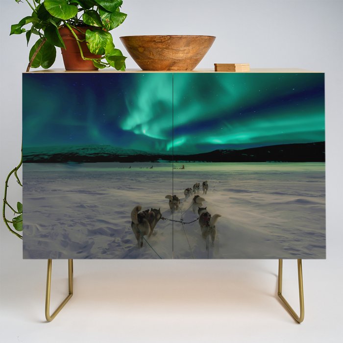 Winter Northern Lights Dog Sled (Color) Credenza Gallery Image 1