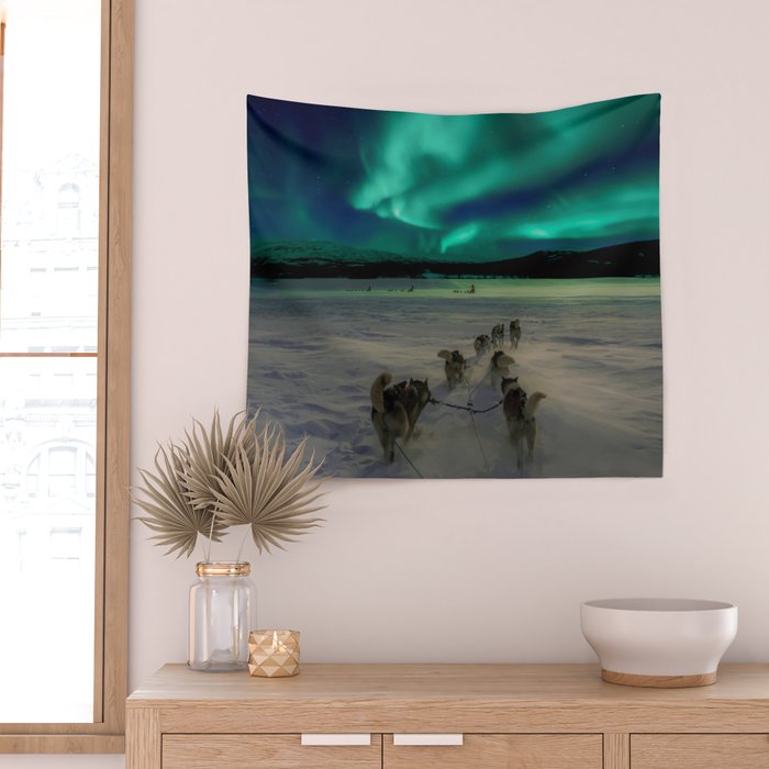 Winter Northern Lights Dog Sled (Color) Wall Tapestry Gallery Image 2