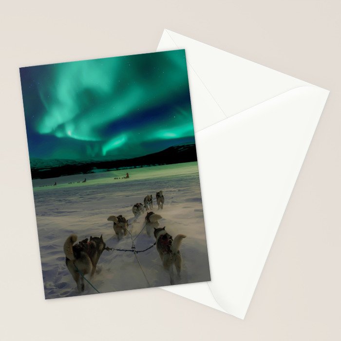 Winter Northern Lights Dog Sled (Color) Stationery Card Gallery Image 2
