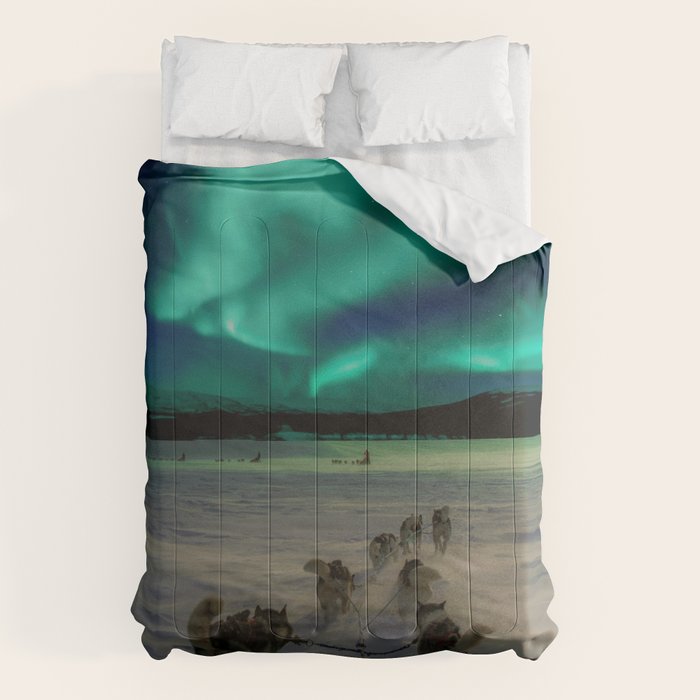 Winter Northern Lights Dog Sled (Color) Comforter Gallery Image 6