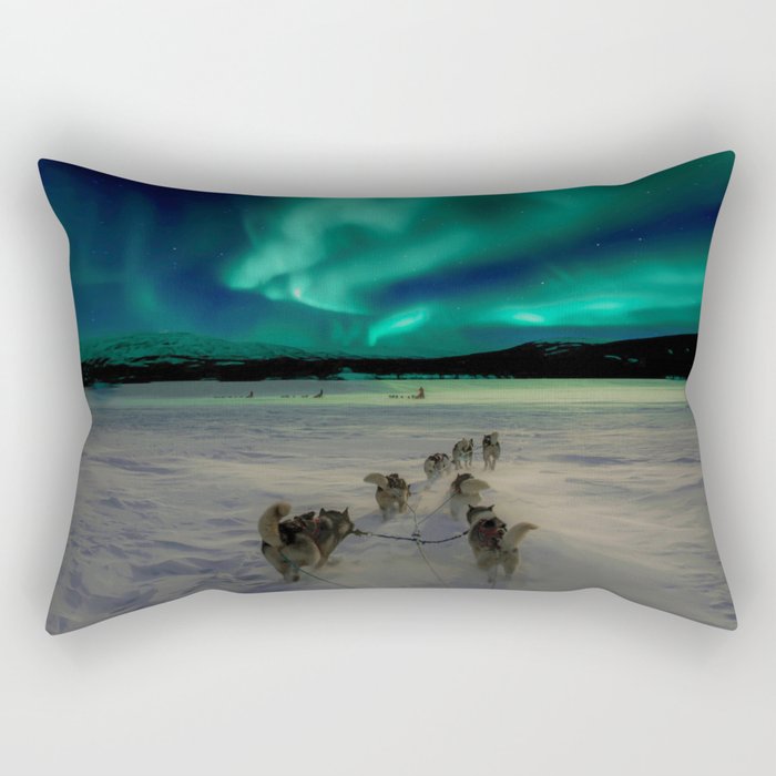 Winter Northern Lights Dog Sled (Color) Rectangular Pillow Gallery Image 2