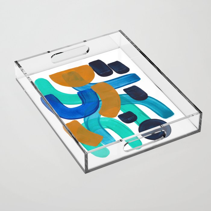 Minimalist Abstract Mid Century Modern Colorful Shapes Marine Green Teal Blue Yellow Pattern Acrylic Tray Gallery Image 1