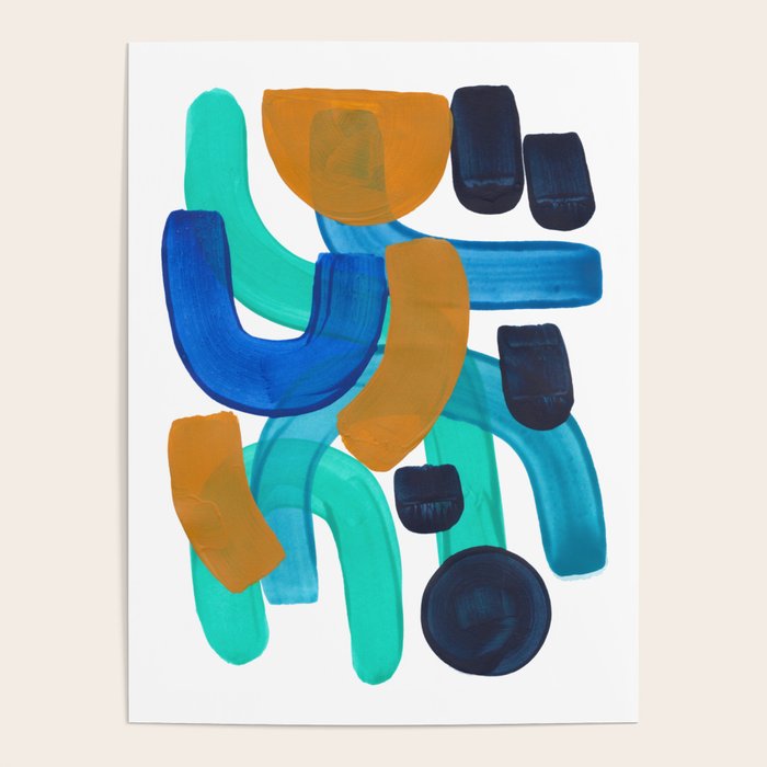 Minimalist Abstract Mid Century Modern Colorful Shapes Marine Green Teal Blue Yellow Pattern Poster Gallery Image 1