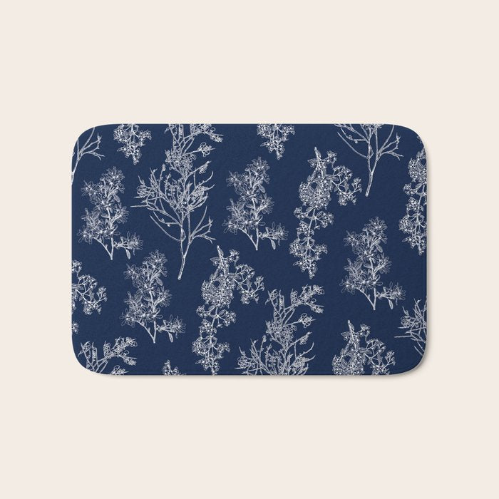 Botanical Cottage Floral Pattern in Nautical Navy Blue and White Bath Mat Gallery Image 1