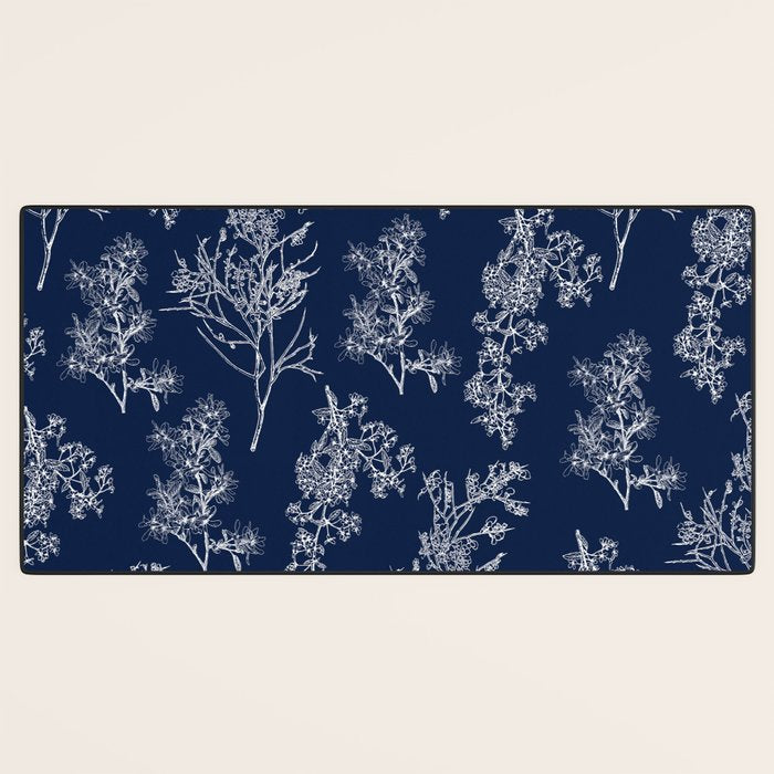 Botanical Cottage Floral Pattern in Nautical Navy Blue and White Desk Mat Gallery Image 3