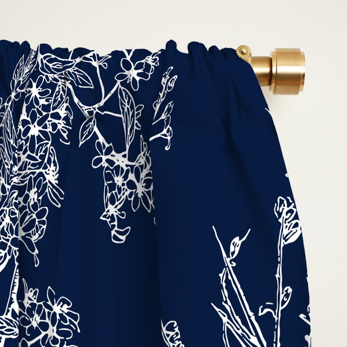 Botanical Cottage Floral Pattern in Nautical Navy Blue and White Window Curtain Gallery Image 2