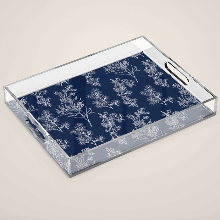 Botanical Cottage Floral Pattern in Nautical Navy Blue and White Acrylic Tray Gallery Image 1