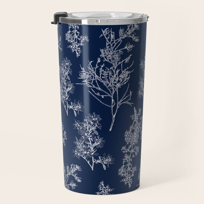 Botanical Cottage Floral Pattern in Nautical Navy Blue and White Travel Mug Gallery Image 3