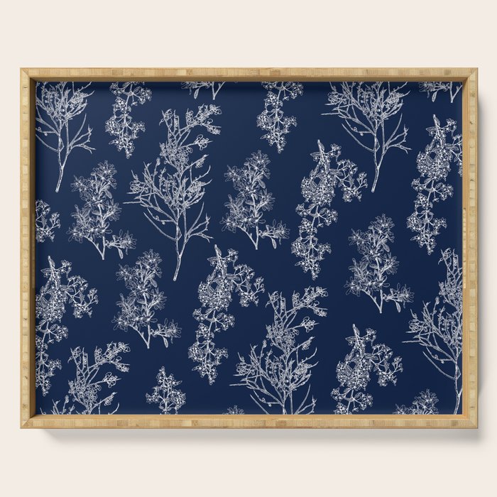 Botanical Cottage Floral Pattern in Nautical Navy Blue and White Serving Tray Gallery Image 1