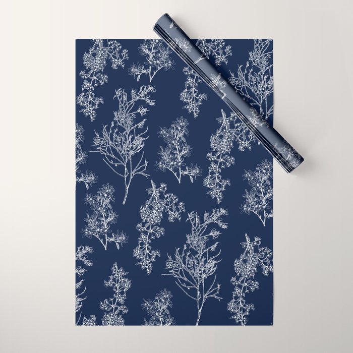 Botanical Cottage Floral Pattern in Nautical Navy Blue and White Wrapping Paper Gallery Image 1