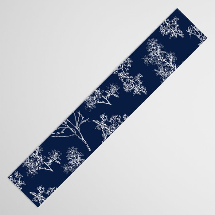 Botanical Cottage Floral Pattern in Nautical Navy Blue and White Table Runner Gallery Image 3