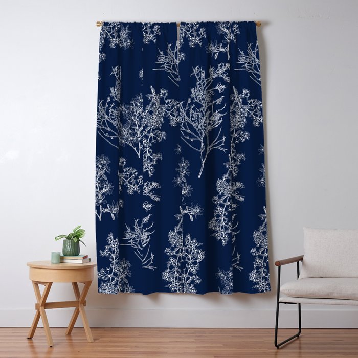 Botanical Cottage Floral Pattern in Nautical Navy Blue and White Window Curtain Gallery Image 5
