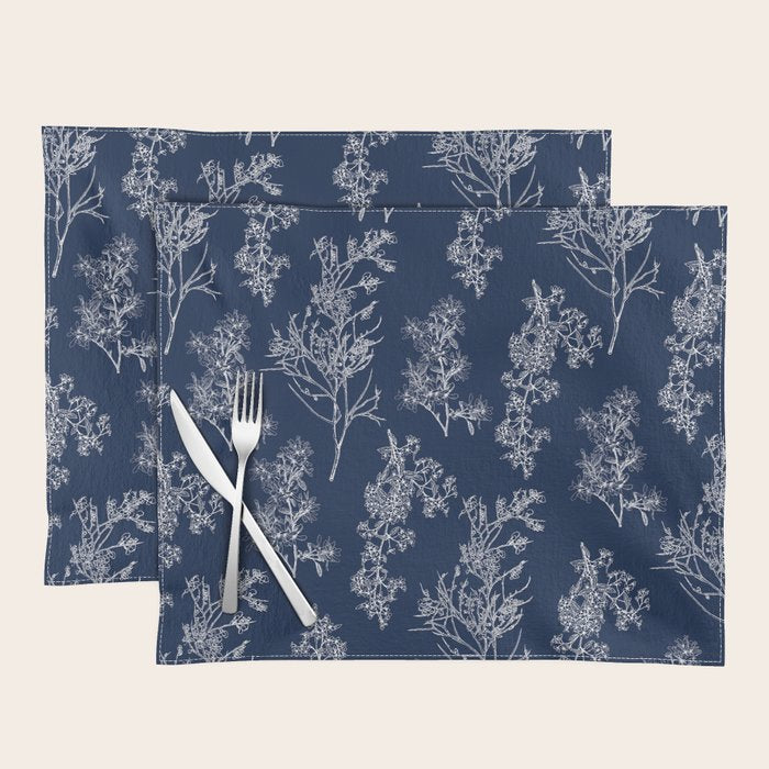 Botanical Cottage Floral Pattern in Nautical Navy Blue and White Placemat Gallery Image 1