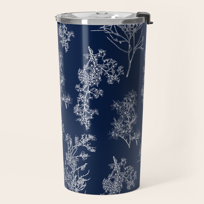 Botanical Cottage Floral Pattern in Nautical Navy Blue and White Travel Mug Gallery Image 2