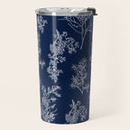 Botanical Cottage Floral Pattern in Nautical Navy Blue and White Travel Mug Gallery Image 2