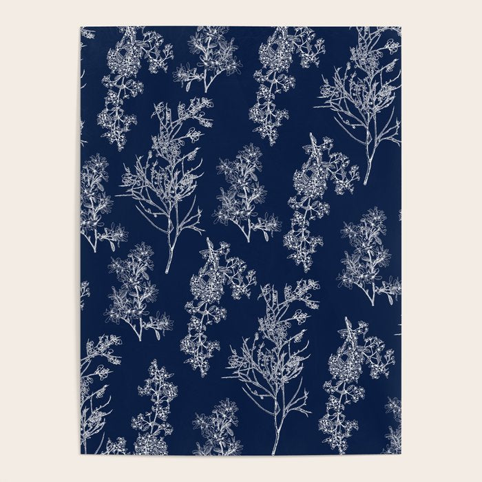 Botanical Cottage Floral Pattern in Nautical Navy Blue and White Poster Gallery Image 4
