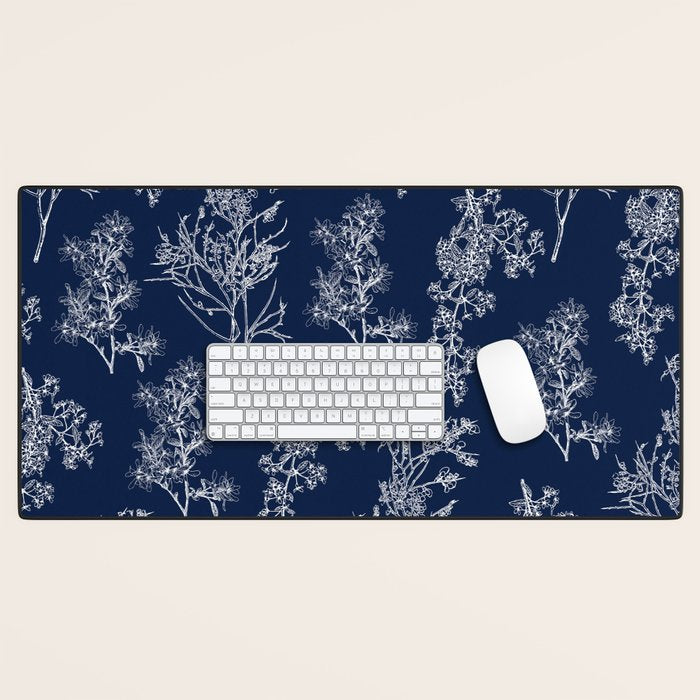 Botanical Cottage Floral Pattern in Nautical Navy Blue and White Desk Mat Gallery Image 1