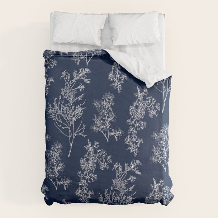 Botanical Cottage Floral Pattern in Nautical Navy Blue and White Duvet Cover Gallery Image 1