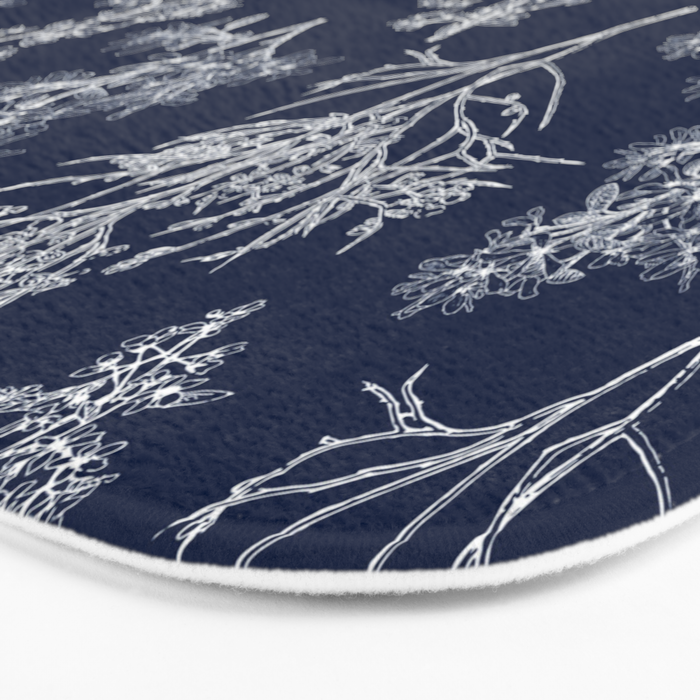 Botanical Cottage Floral Pattern in Nautical Navy Blue and White Bath Mat Gallery Image 3