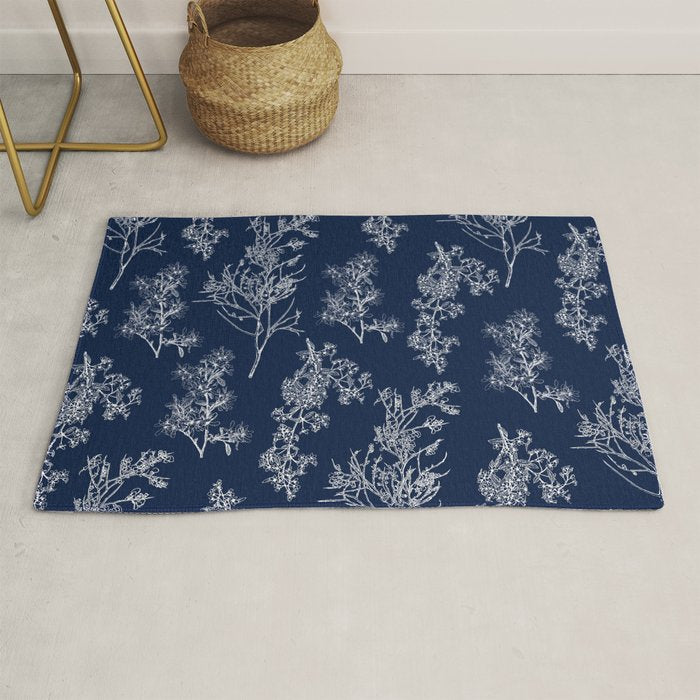 Botanical Cottage Floral Pattern in Nautical Navy Blue and White Rug Gallery Image 1