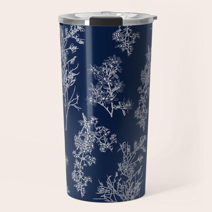 Botanical Cottage Floral Pattern in Nautical Navy Blue and White Travel Mug Gallery Image 1