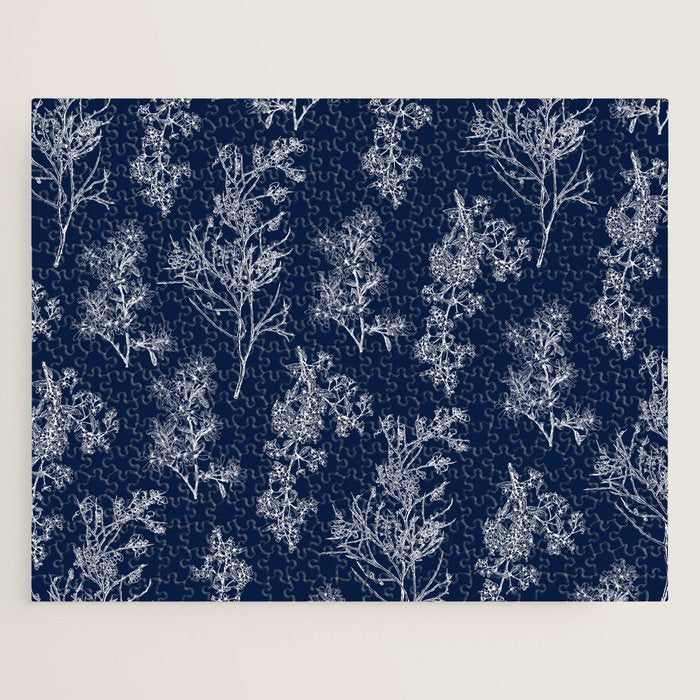 Botanical Cottage Floral Pattern in Nautical Navy Blue and White Jigsaw Puzzle Gallery Image 1