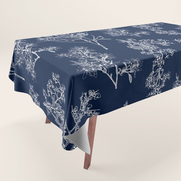 Botanical Cottage Floral Pattern in Nautical Navy Blue and White Tablecloth Gallery Image 1