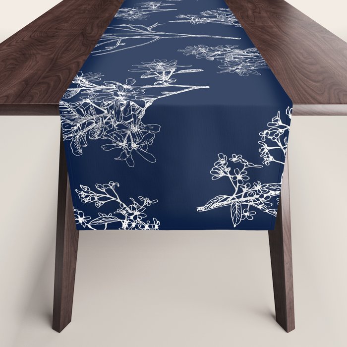 Botanical Cottage Floral Pattern in Nautical Navy Blue and White Table Runner Gallery Image 1