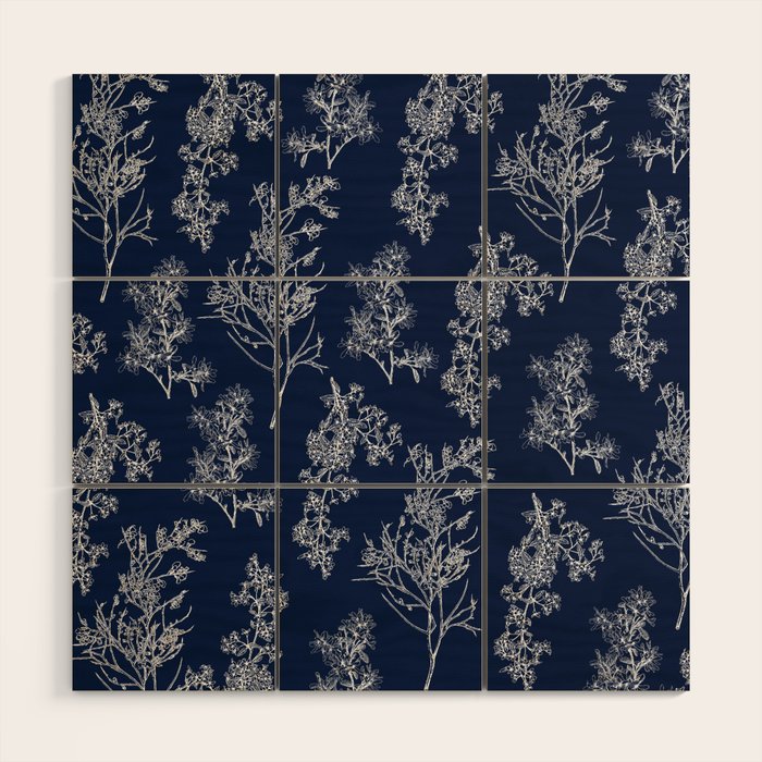 Botanical Cottage Floral Pattern in Nautical Navy Blue and White Wood Wall Art Gallery Image 1