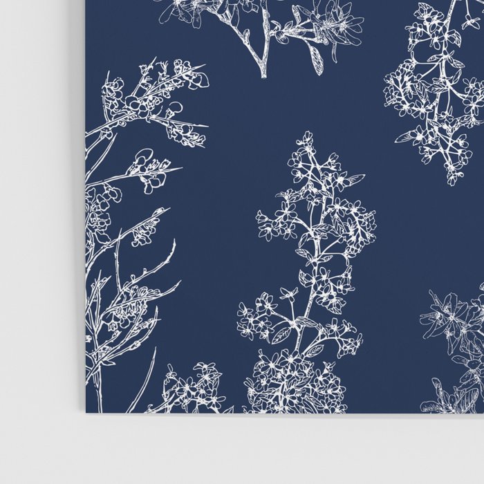 Botanical Cottage Floral Pattern in Nautical Navy Blue and White Poster Gallery Image 3