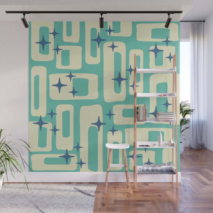 Retro Mid Century Modern Abstract Pattern 576 Turquoise Blue Wall Mural Gallery Image 1