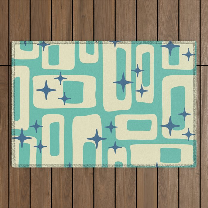 Retro Mid Century Modern Abstract Pattern 576 Turquoise Blue Outdoor Rug Gallery Image 1