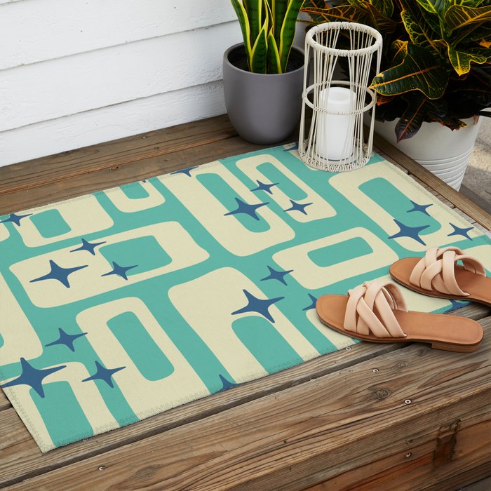 Retro Mid Century Modern Abstract Pattern 576 Turquoise Blue Outdoor Rug Gallery Image 2
