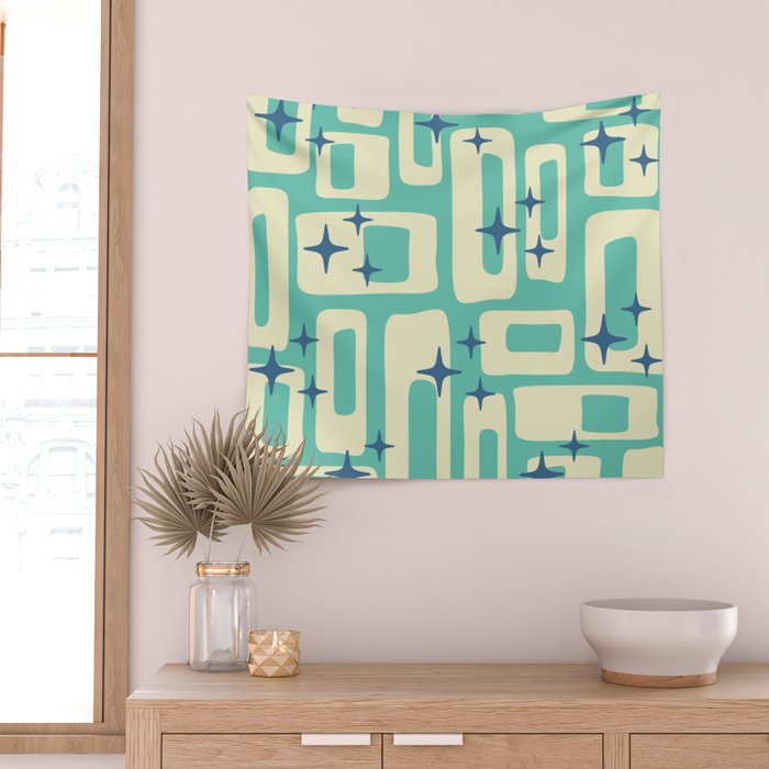 Retro Mid Century Modern Abstract Pattern 576 Turquoise Blue Wall Tapestry Gallery Image 2