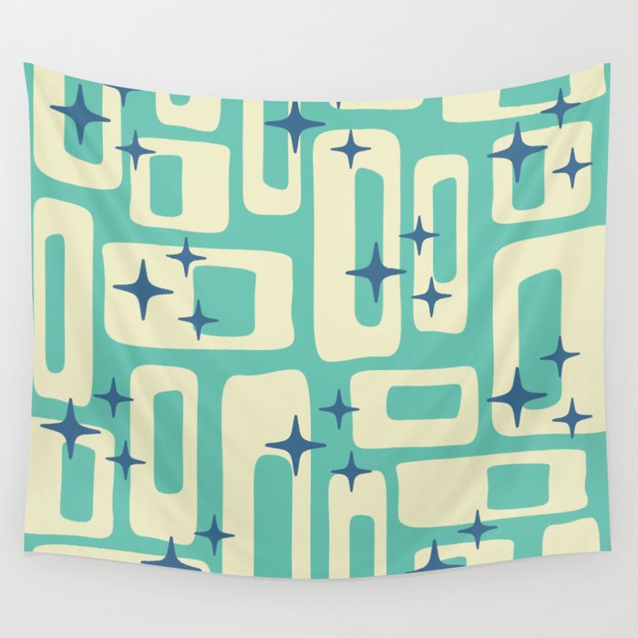 Retro Mid Century Modern Abstract Pattern 576 Turquoise Blue Wall Tapestry Gallery Image 1