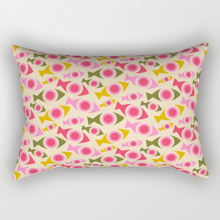 Geometric Fish Pattern - Red, Pink, Yellow, Olive Rectangular Pillow Gallery Image 2
