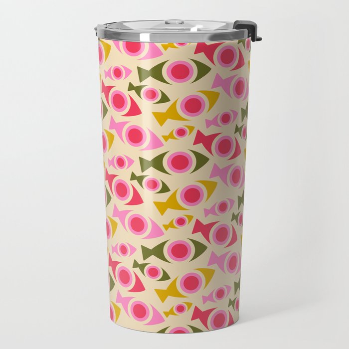 Geometric Fish Pattern - Red, Pink, Yellow, Olive Travel Mug Gallery Image 2
