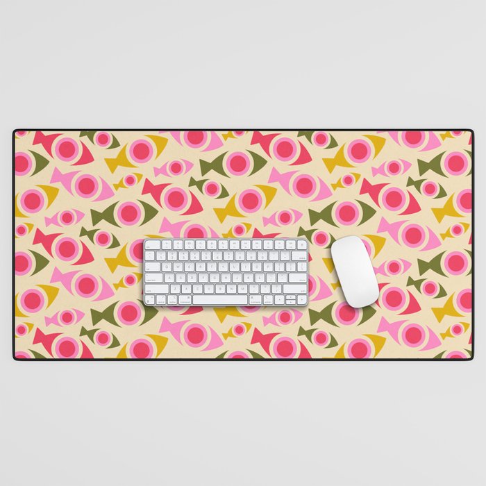 Geometric Fish Pattern - Red, Pink, Yellow, Olive Desk Mat Gallery Image 1