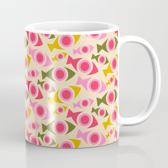 Geometric Fish Pattern - Red, Pink, Yellow, Olive Coffee Mug Gallery Image 1