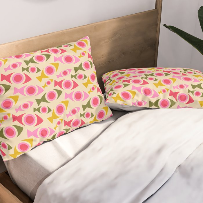 Geometric Fish Pattern - Red, Pink, Yellow, Olive Pillow Sham Gallery Image 2