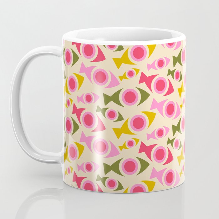 Geometric Fish Pattern - Red, Pink, Yellow, Olive Coffee Mug Gallery Image 3