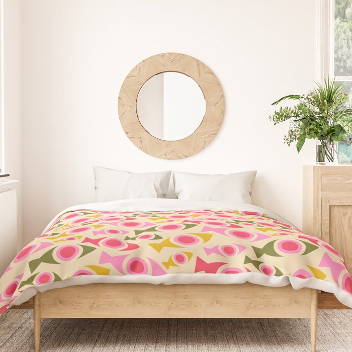 Geometric Fish Pattern - Red, Pink, Yellow, Olive Duvet Cover Gallery Image 3