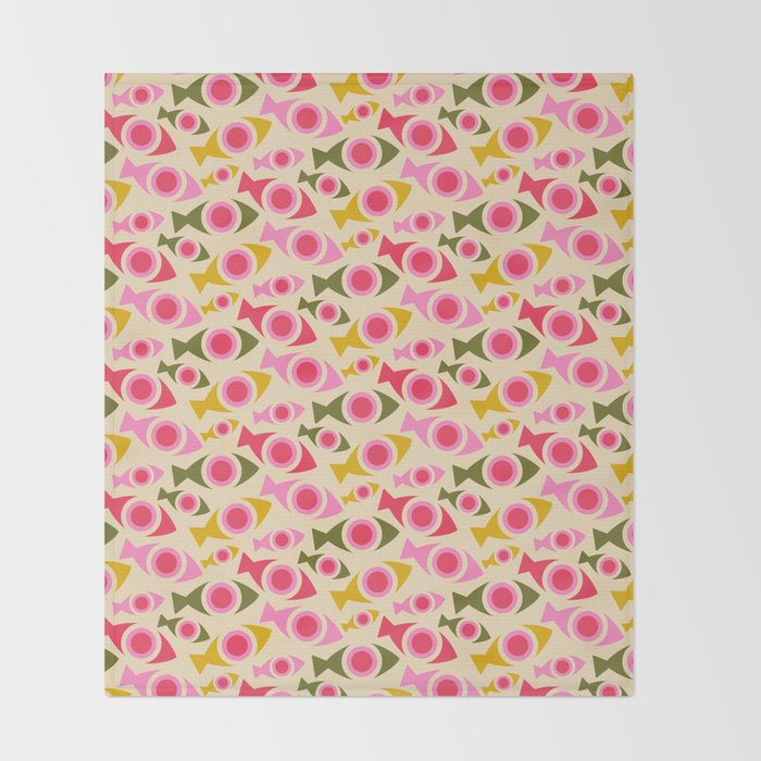 Geometric Fish Pattern - Red, Pink, Yellow, Olive Throw Blanket Gallery Image 2