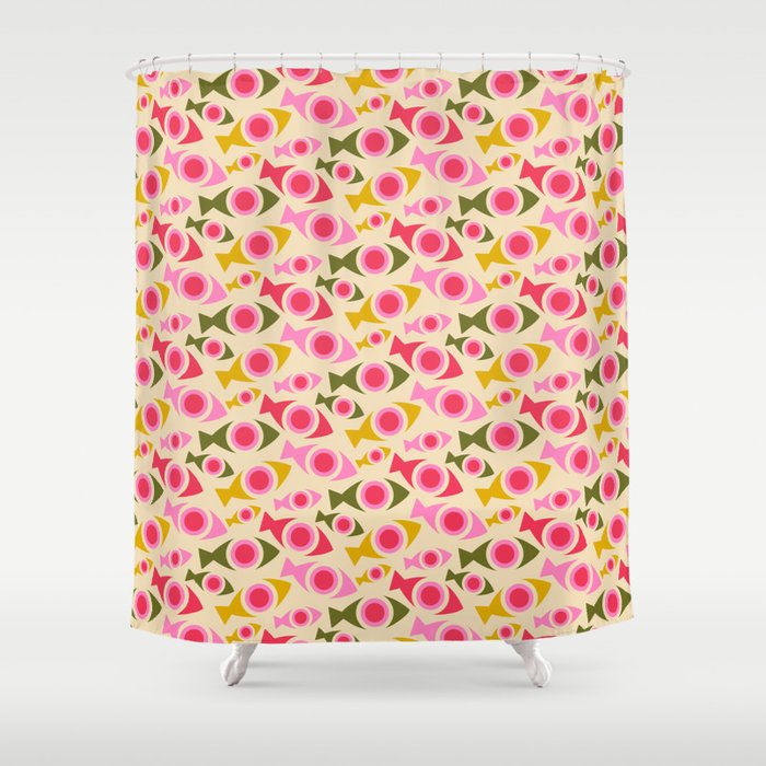 Geometric Fish Pattern - Red, Pink, Yellow, Olive Shower Curtain Gallery Image 1