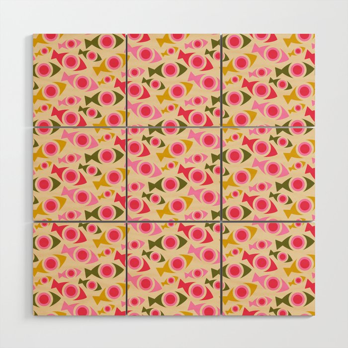 Geometric Fish Pattern - Red, Pink, Yellow, Olive Wood Wall Art Gallery Image 1